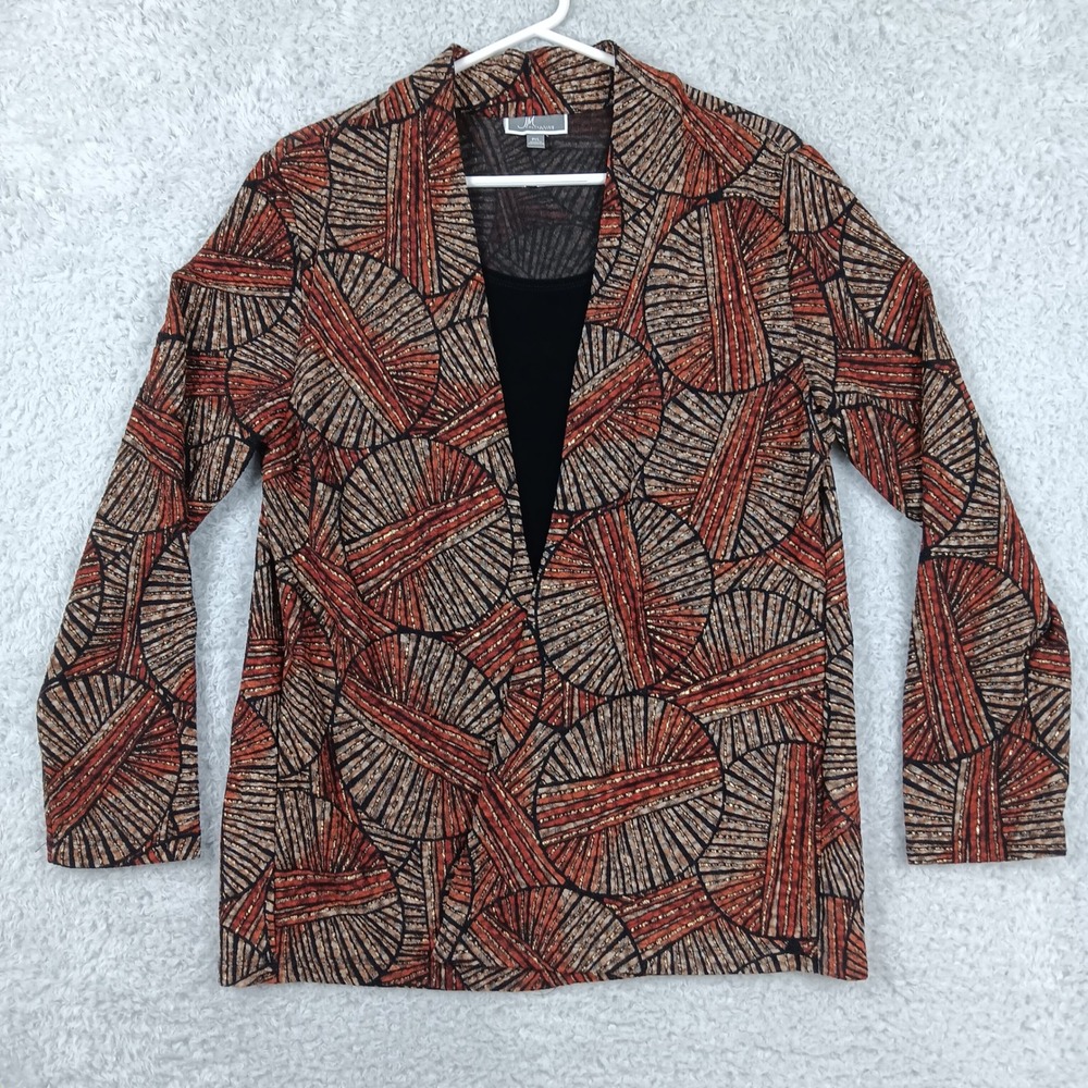 JM Collection Twin Set Women PL Brown Gold Metallic Geometric Open Cardigan